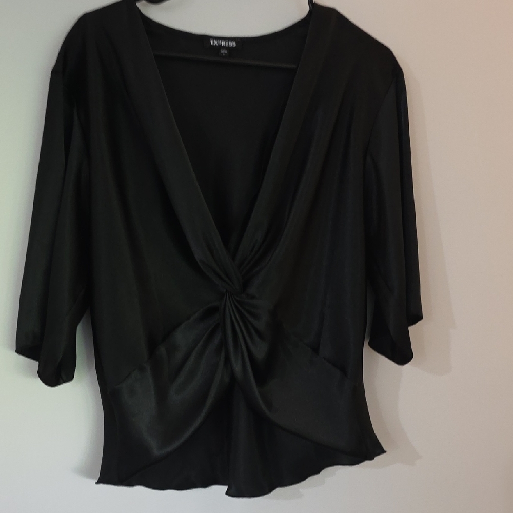 Express Elegant Black Gathered Satin Look Blouse